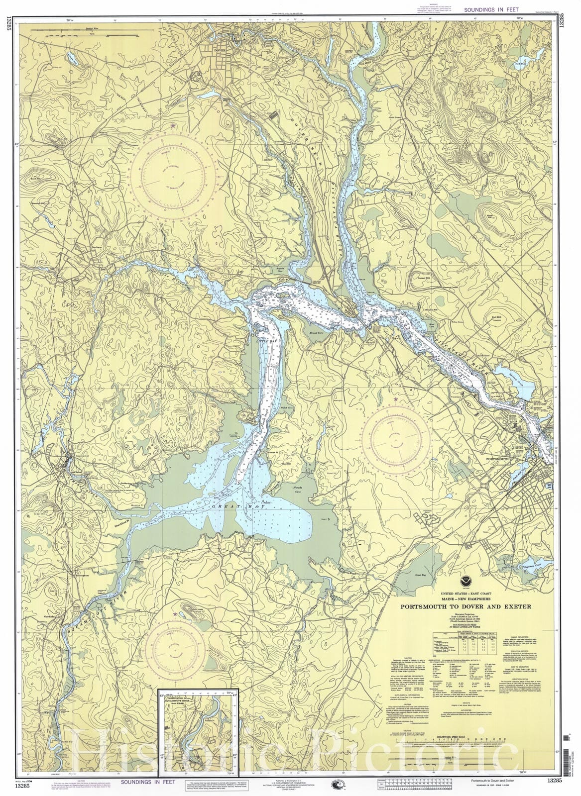 Historic Nautical Map - Portsmouth To Dover And Exeter, 1998 NOAA Chart - Maine, New Hampshire (ME, NH) - Vintage Wall Art