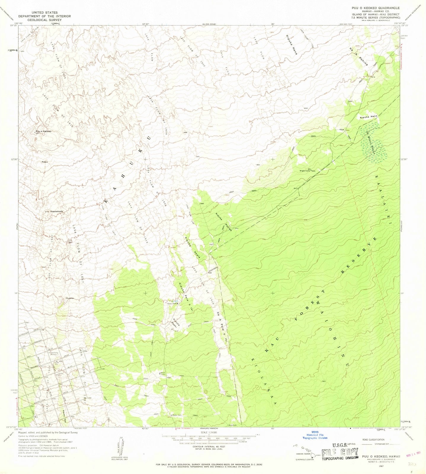 1967 Puu O Keokeo, HI - Hawaii - USGS Topographic Map