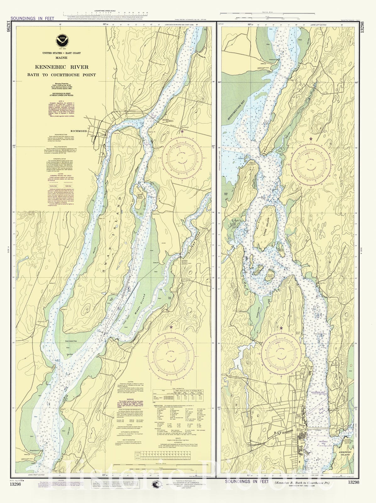 Historic Nautical Map - Kennebec River - Bath to Courthouse Point, 1998 NOAA Chart - Maine (ME) - Vintage Wall Art