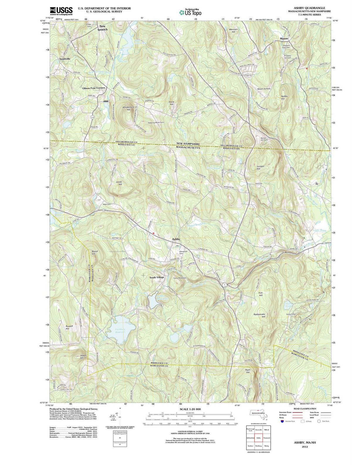 2012 Ashby, MA - Massachusetts - USGS Topographic Map