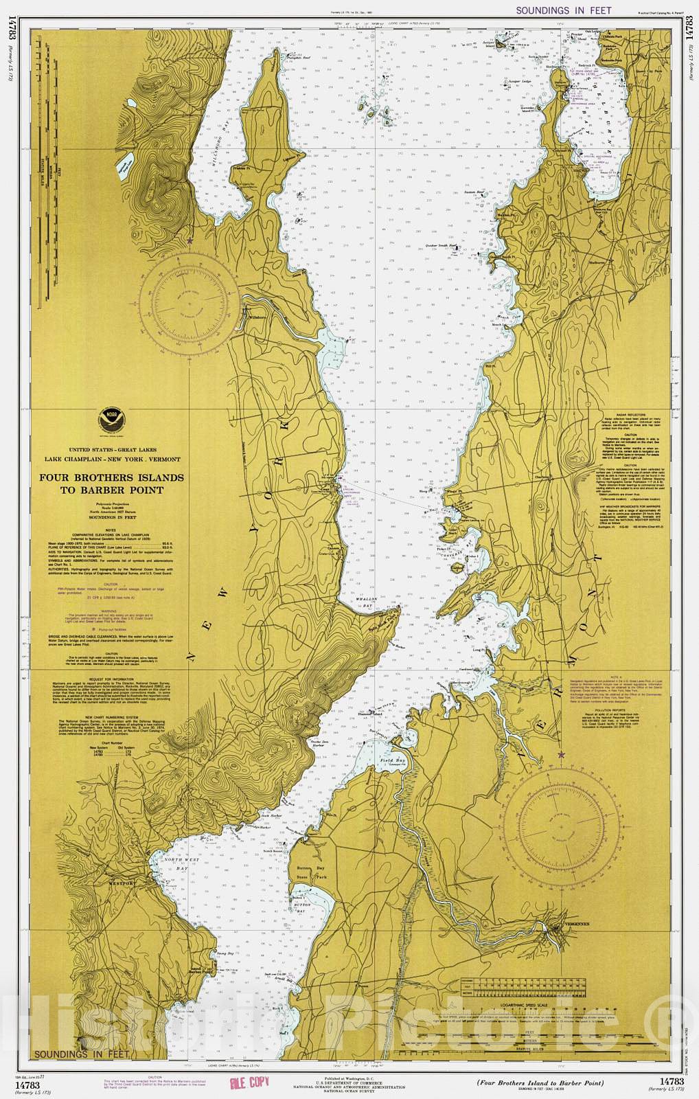 Historic Nautical Map - Four Brothers Island To Barber Point, 1977 NOAA Chart - New York, Vermont (NY, VT) - Vintage Wall Art