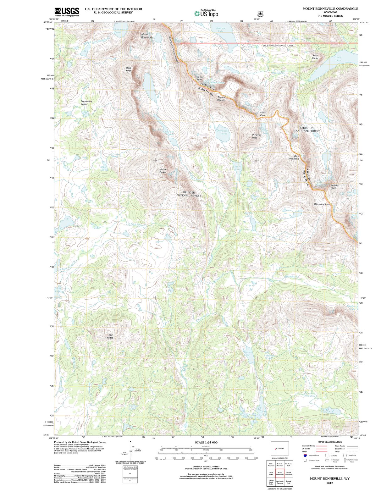 2012 Mount Bonneville, WY - Wyoming - USGS Topographic Map