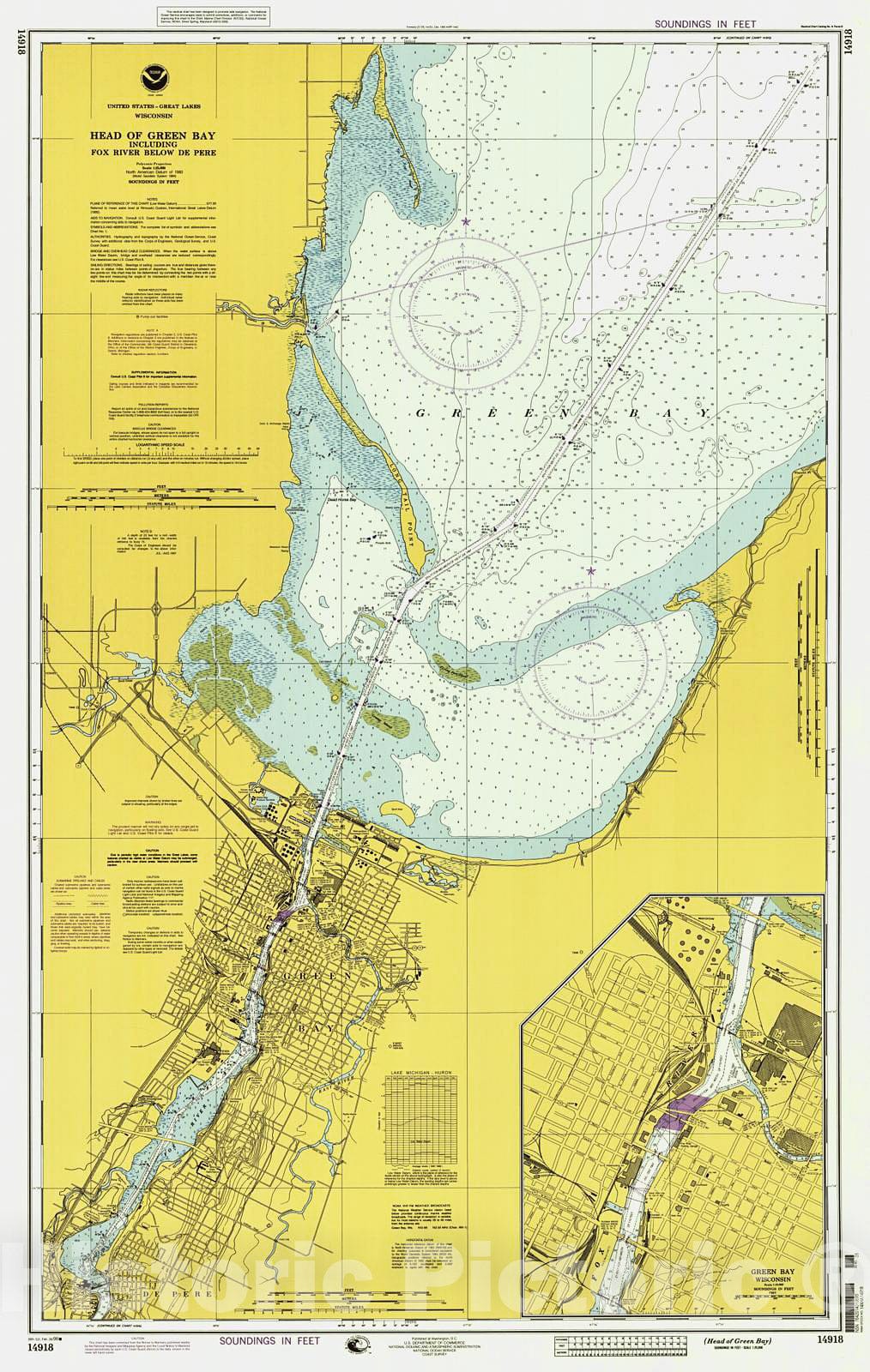 Historic Nautical Map - Head Of Green Bay, 1998 NOAA Chart - Wisconsin (WI) - Vintage Wall Art