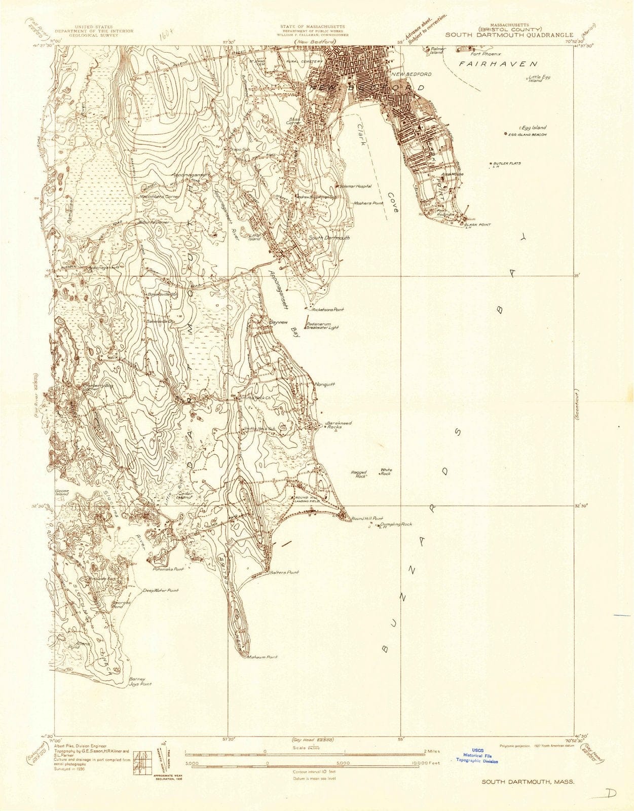 1936 Southartmouth, MA - Massachusetts - USGS Topographic Map
