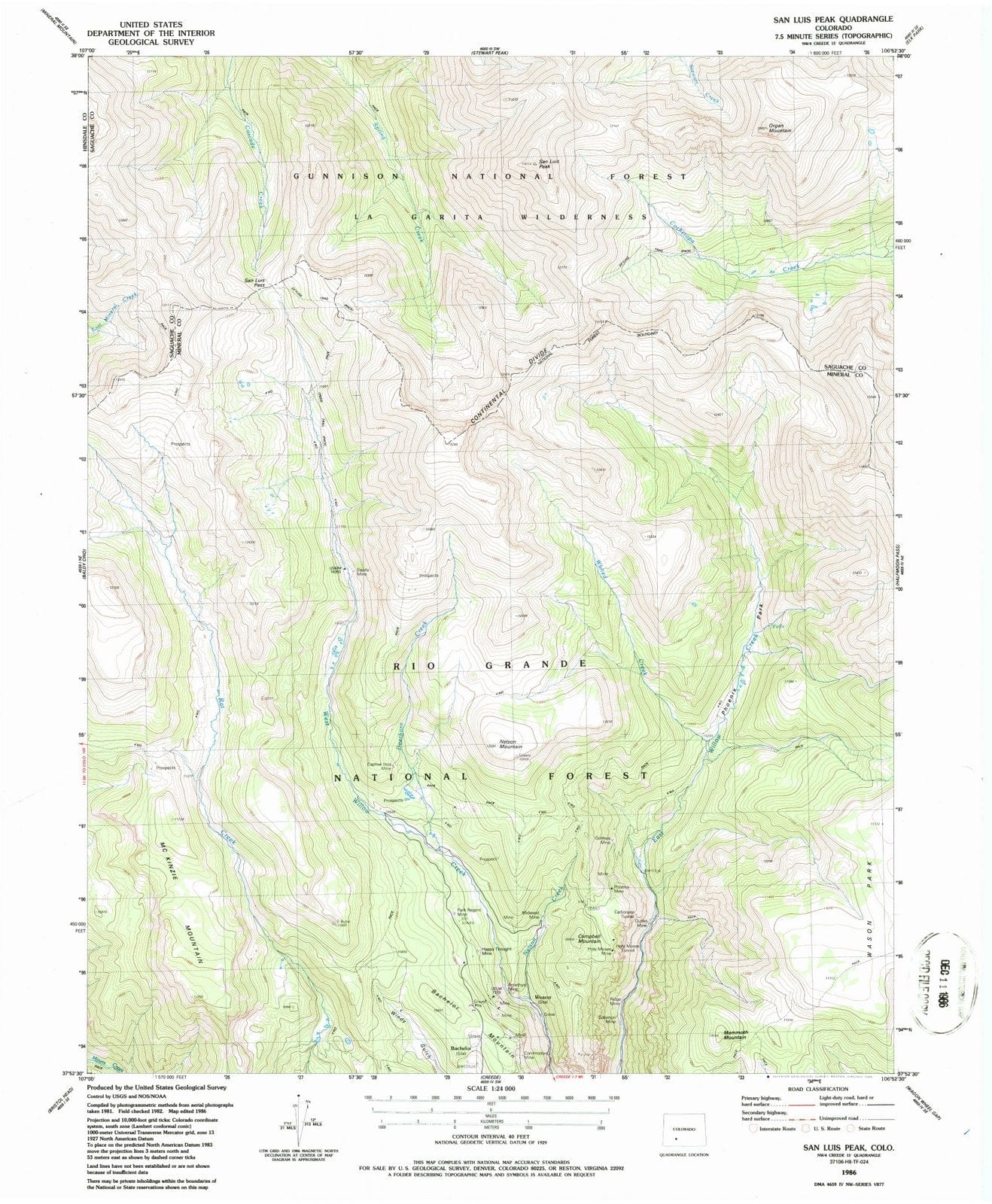 1986 San Luis Peak, CO - Colorado - USGS Topographic Map