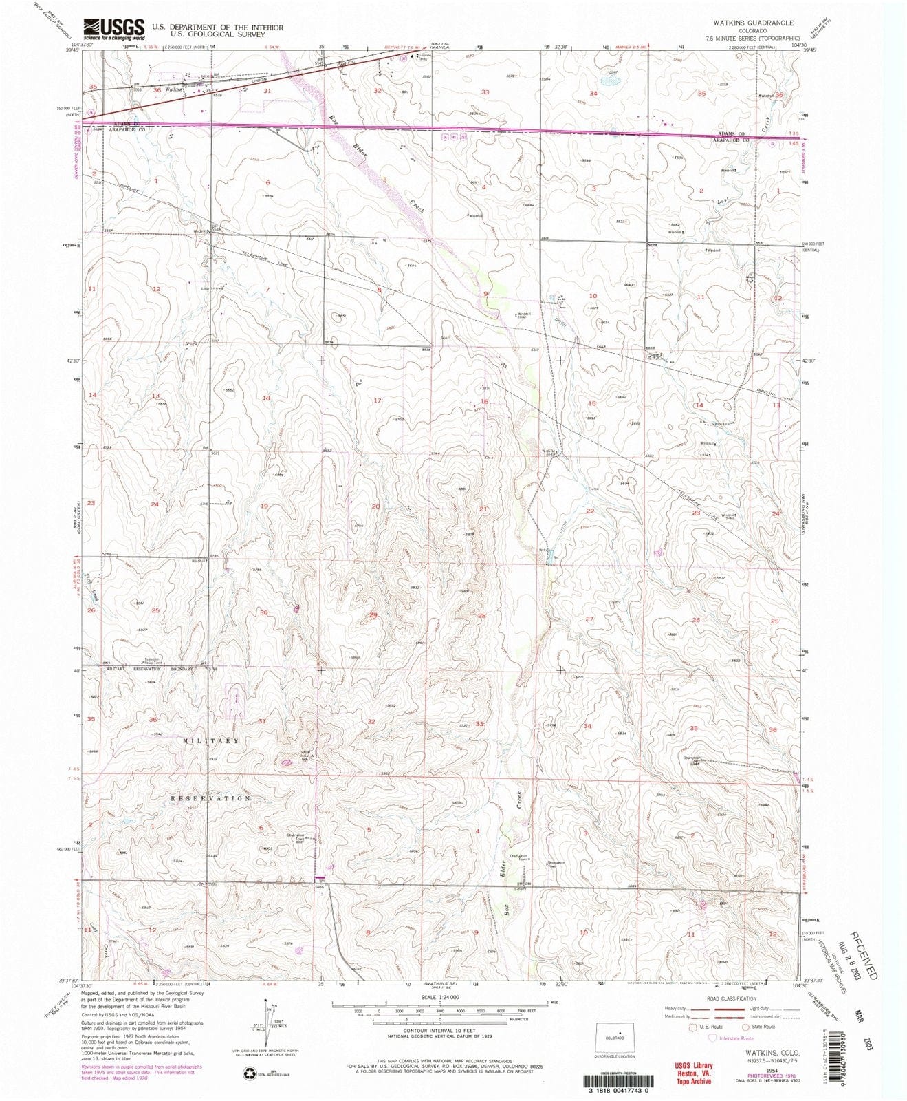 1954 Watkins, CO - Colorado - USGS Topographic Map