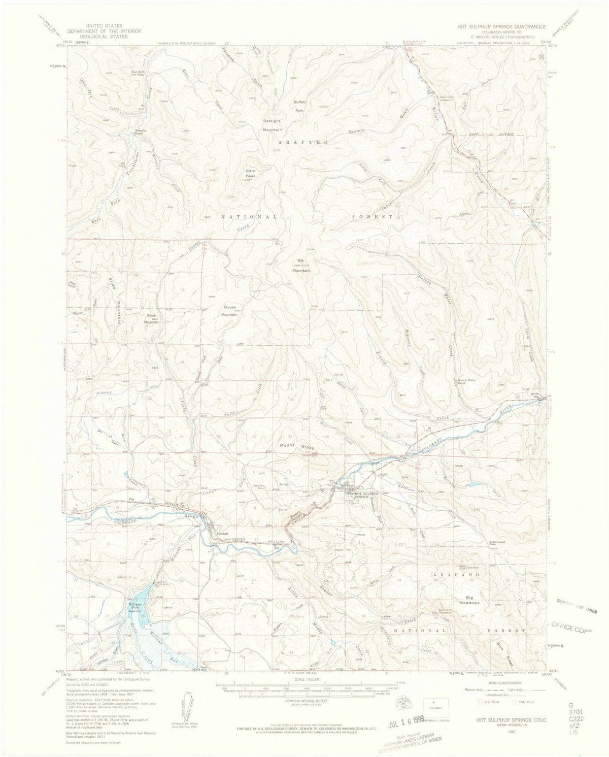 1957 Hot Sulpher Springs, CO - Colorado - USGS Topographic Map