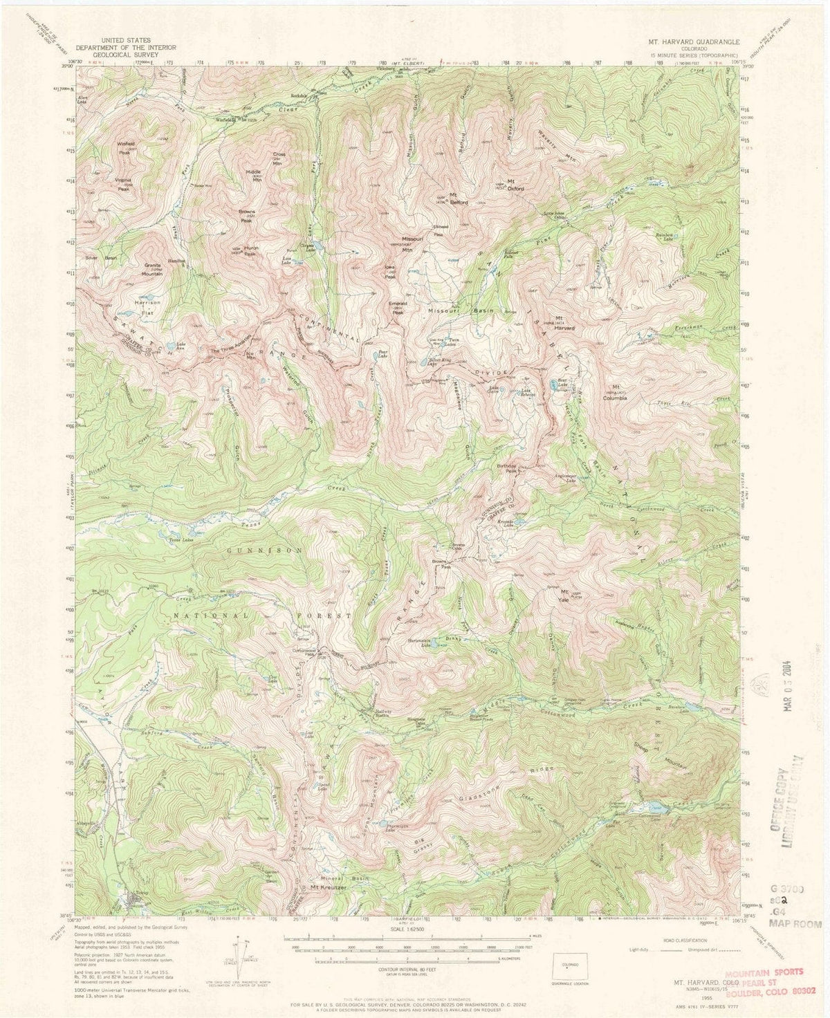 1955 Mount Harvard, CO - Colorado - USGS Topographic Map