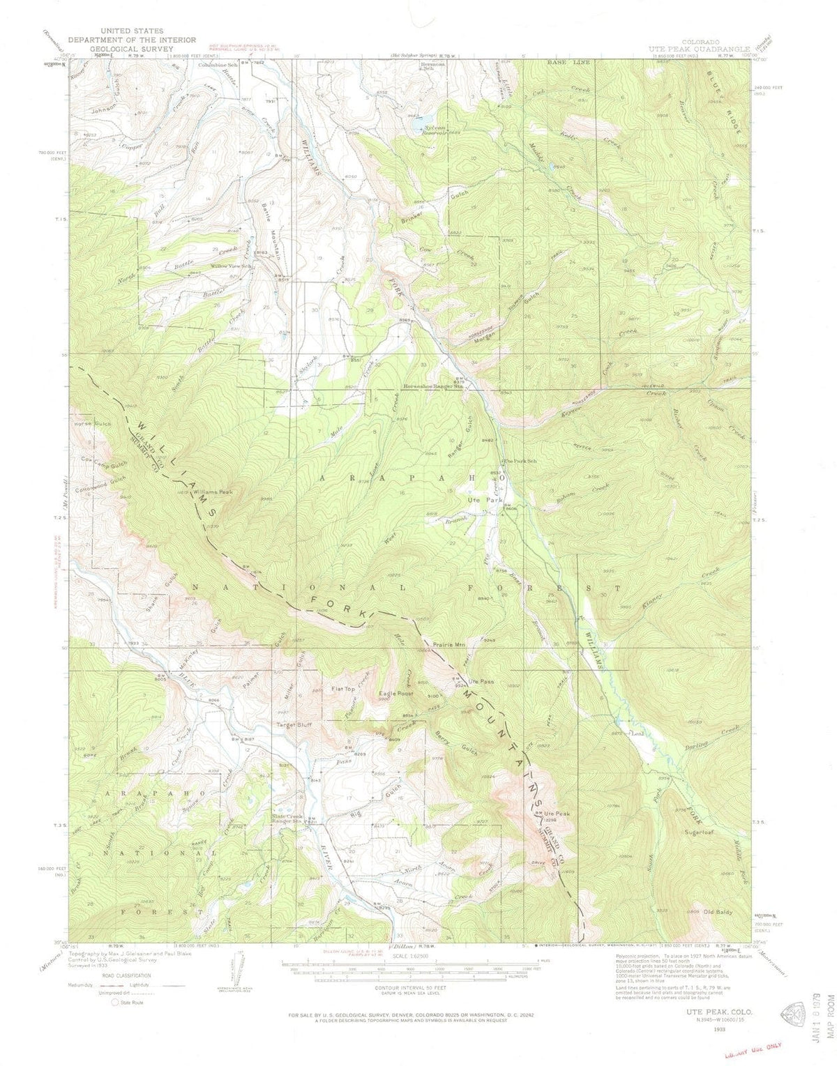 1933 Ute Peak, CO - Colorado - USGS Topographic Map