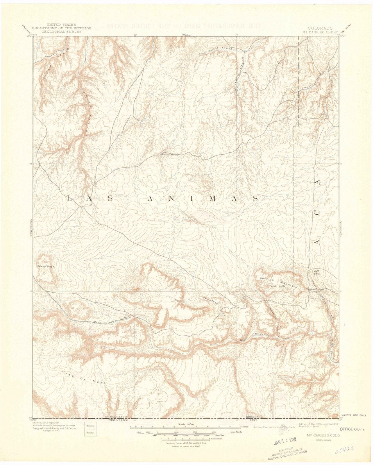 1892 Mount Carrizo, CO - Colorado - USGS Topographic Map