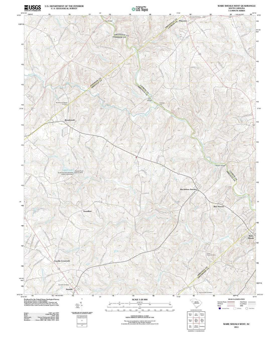 2011 Ware Shoals West, SC - South Carolina - USGS Topographic Map
