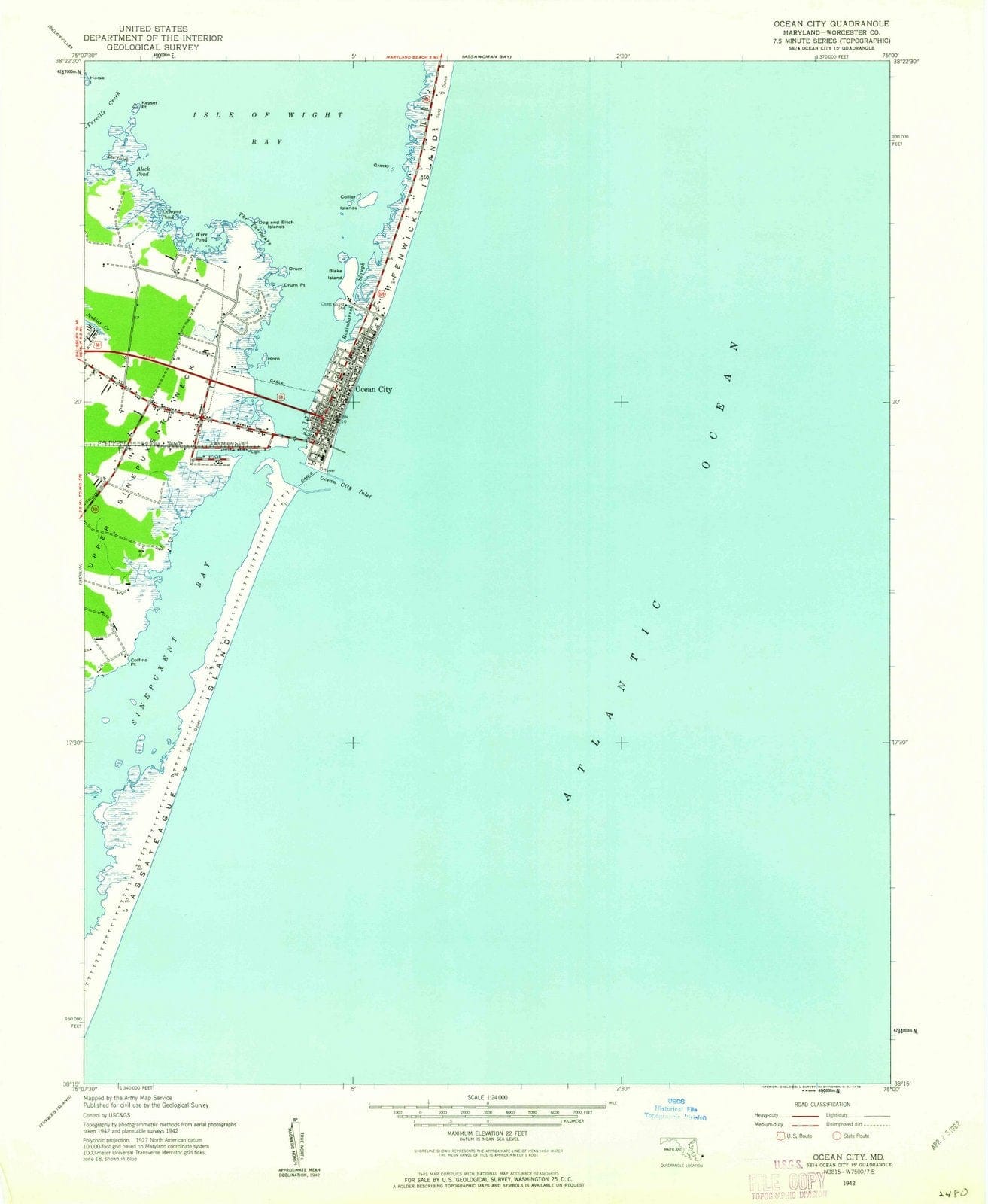 1942 Ocean City, MD - Maryland - USGS Topographic Map