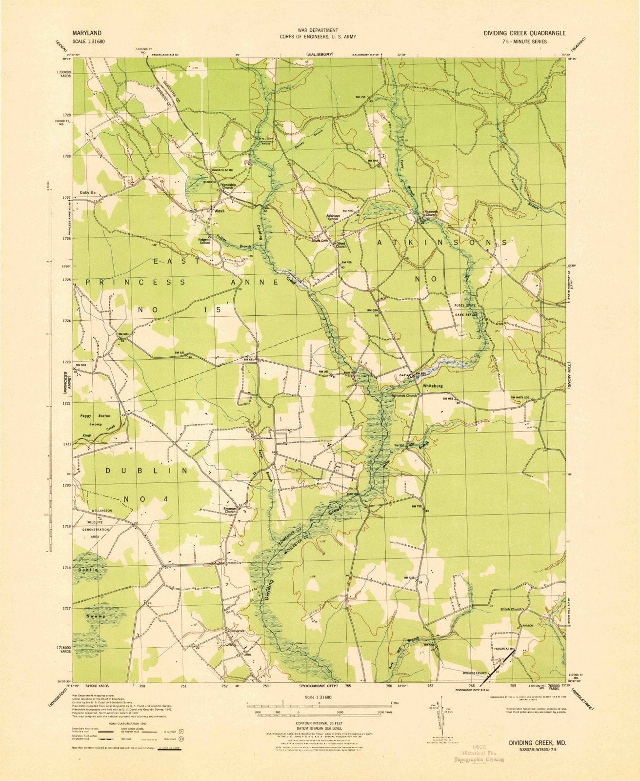 1943 Dividing Creek, MD - Maryland - USGS Topographic Map