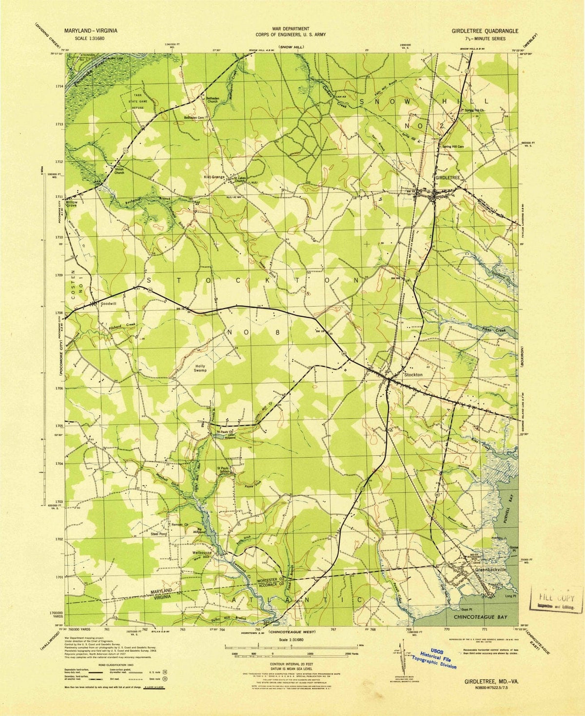 1943 Girdletree, MD - Maryland - USGS Topographic Map