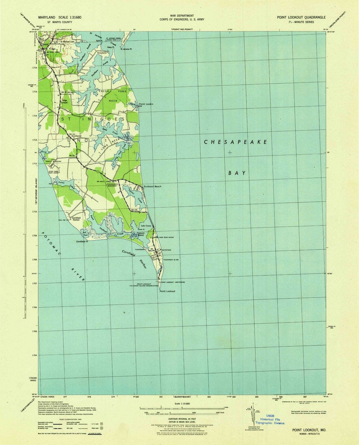 1943 Point Lookout, MD - Maryland - USGS Topographic Map