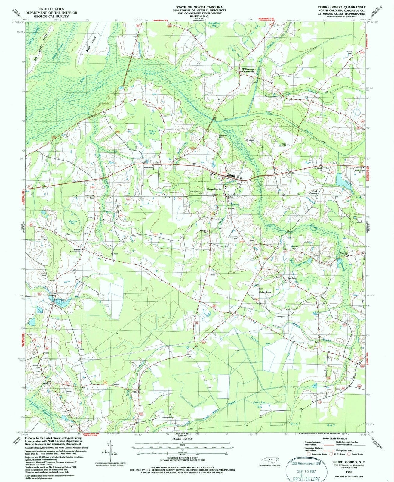 1986 Cerro Gordo, NC - North Carolina - USGS Topographic Map