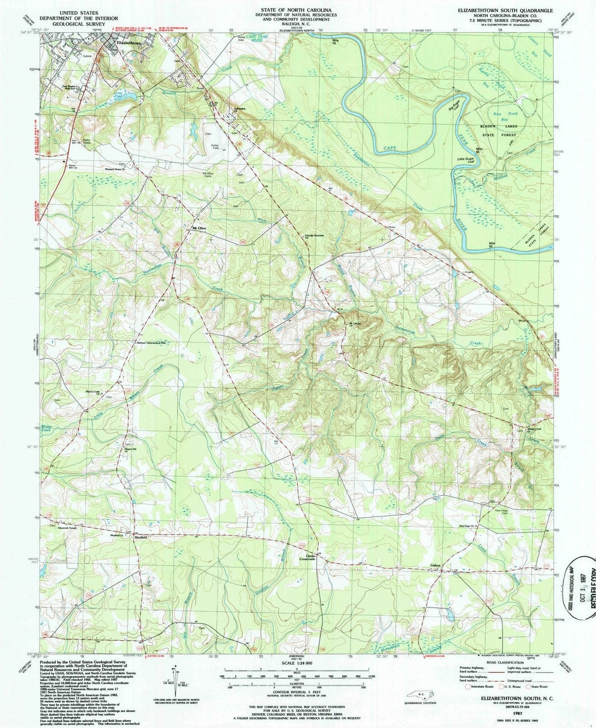 1987 Elizabethtown South, NC - North Carolina - USGS Topographic Map