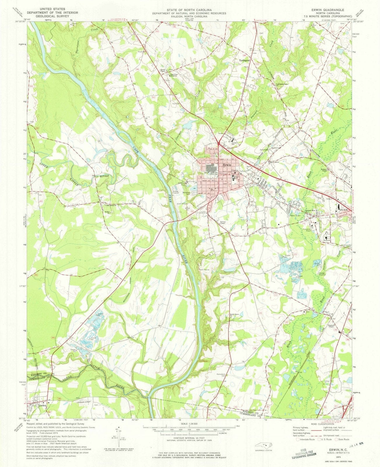 1973 Erwin, NC - North Carolina - USGS Topographic Map