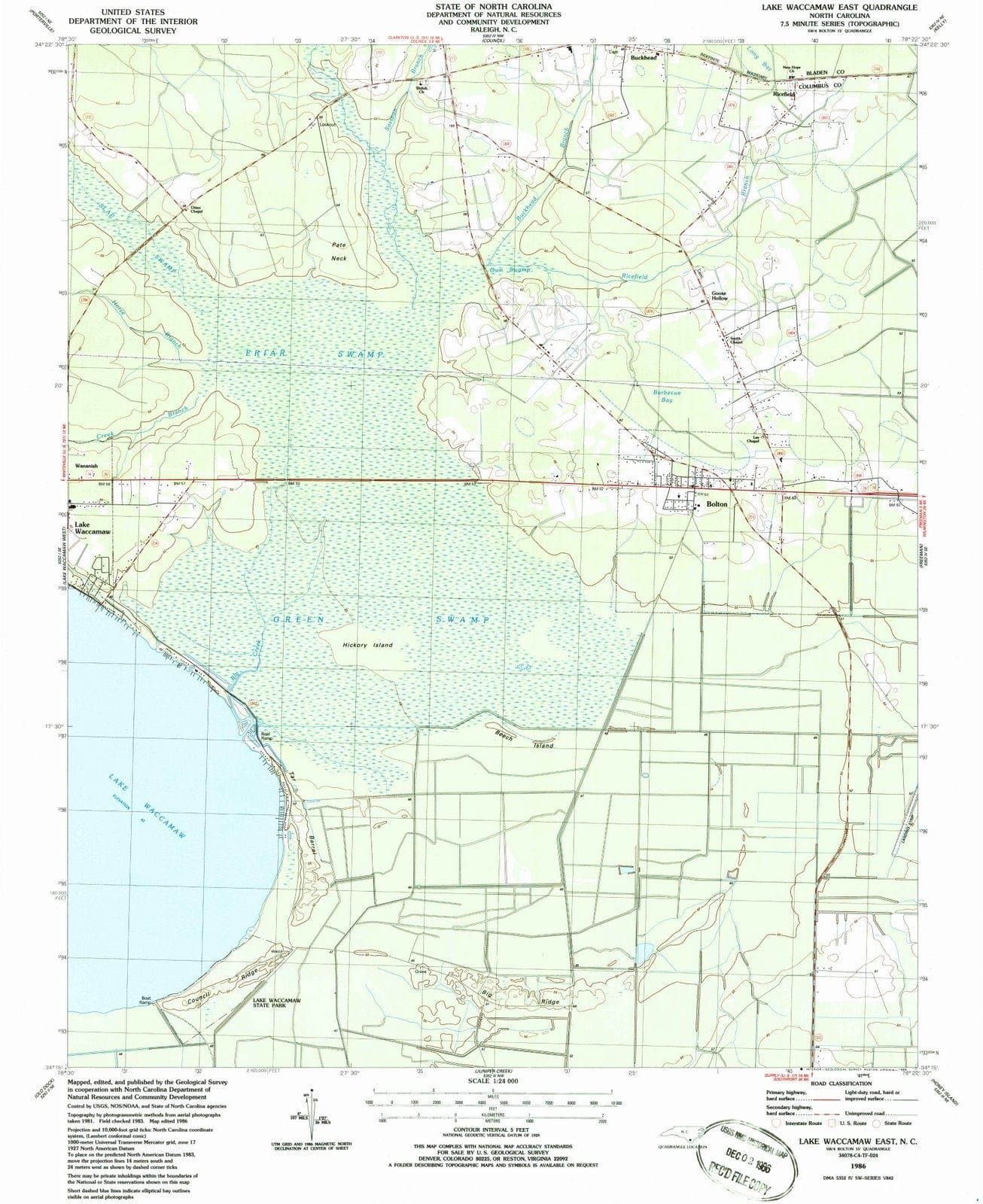 1986 Lake Waccamaw East, NC - North Carolina - USGS Topographic Map