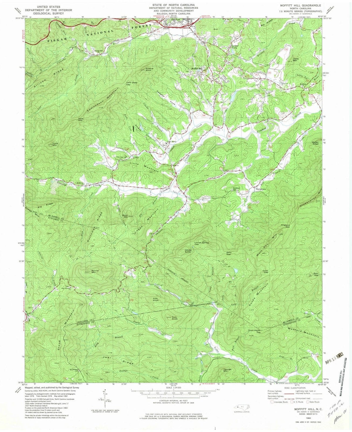 1982 Moffitt Hill, NC - North Carolina - USGS Topographic Map