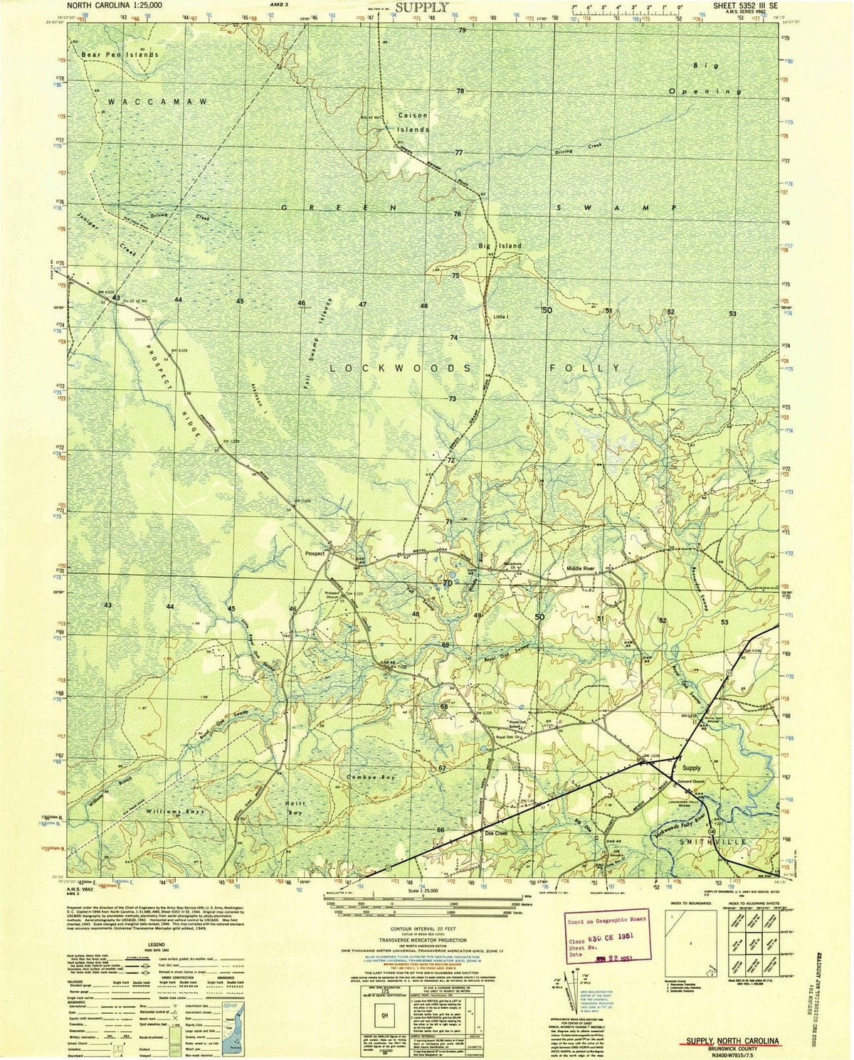 1950 Supply, NC - North Carolina - USGS Topographic Map