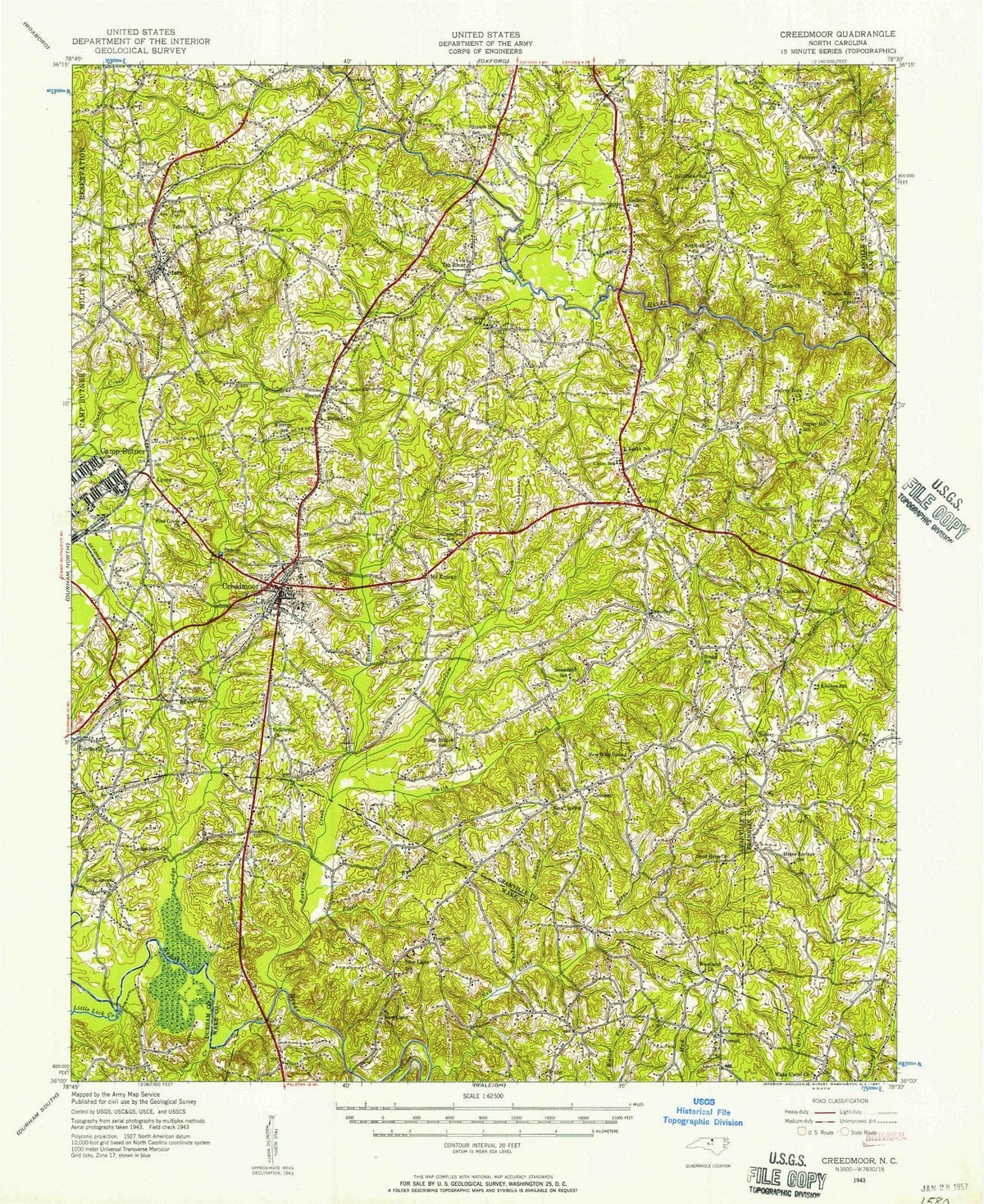 1943 Creedmoor, NC - North Carolina - USGS Topographic Map