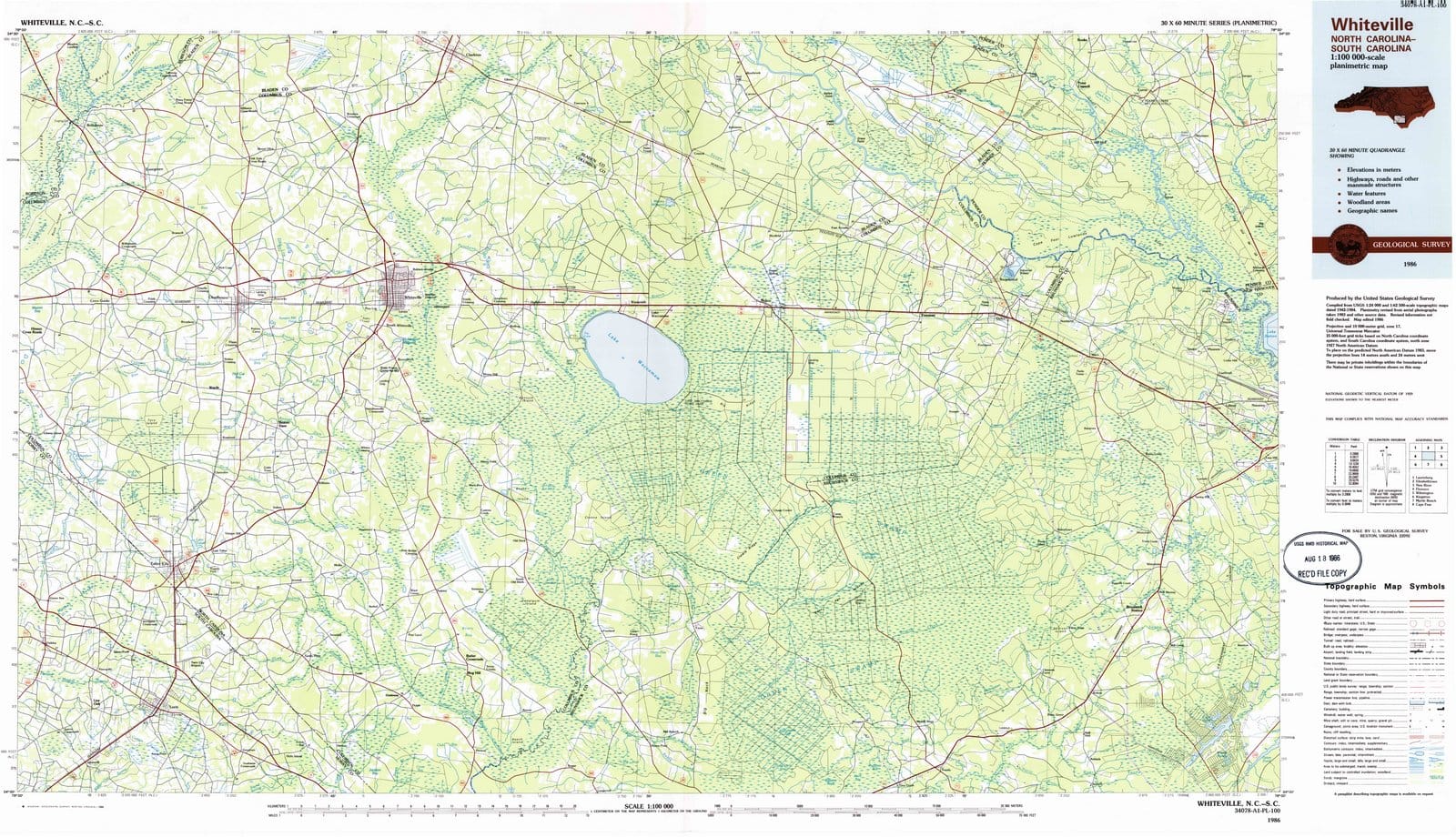 1986 Whiteville, NC - North Carolina - USGS Topographic Map