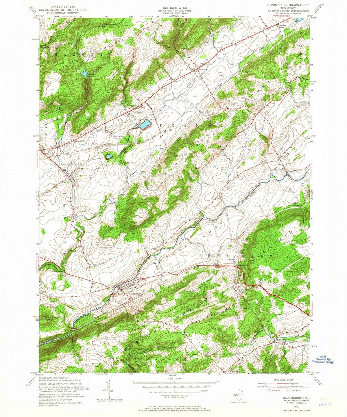 1955 Bloomsbury, NJ - New Jersey - USGS Topographic Map