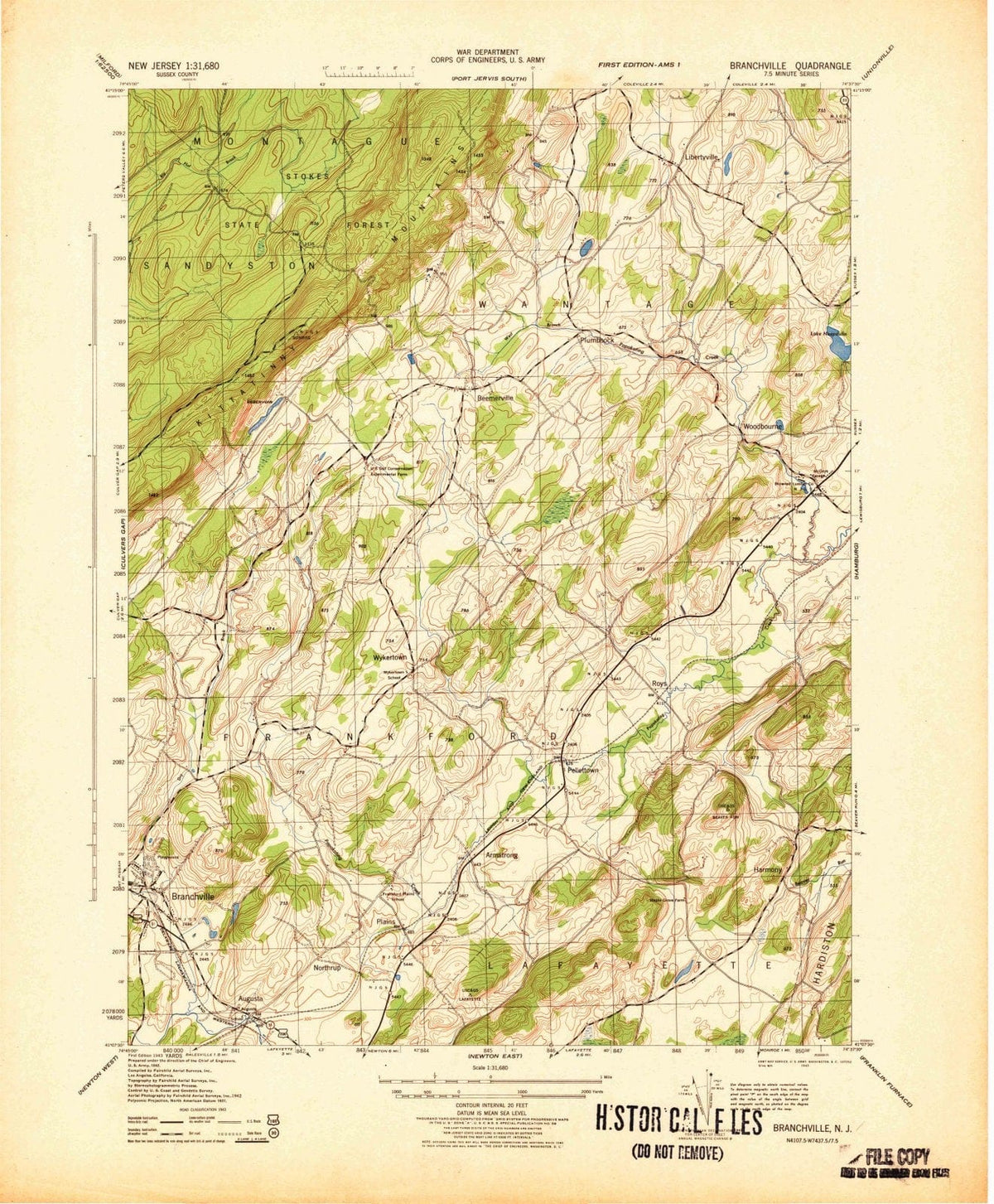 1943 Branchville, NJ - New Jersey - USGS Topographic Map