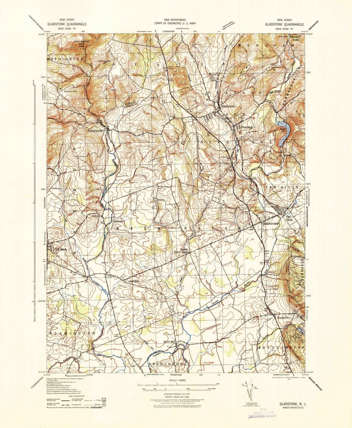 1943 Gladstone, NJ - New Jersey - USGS Topographic Map