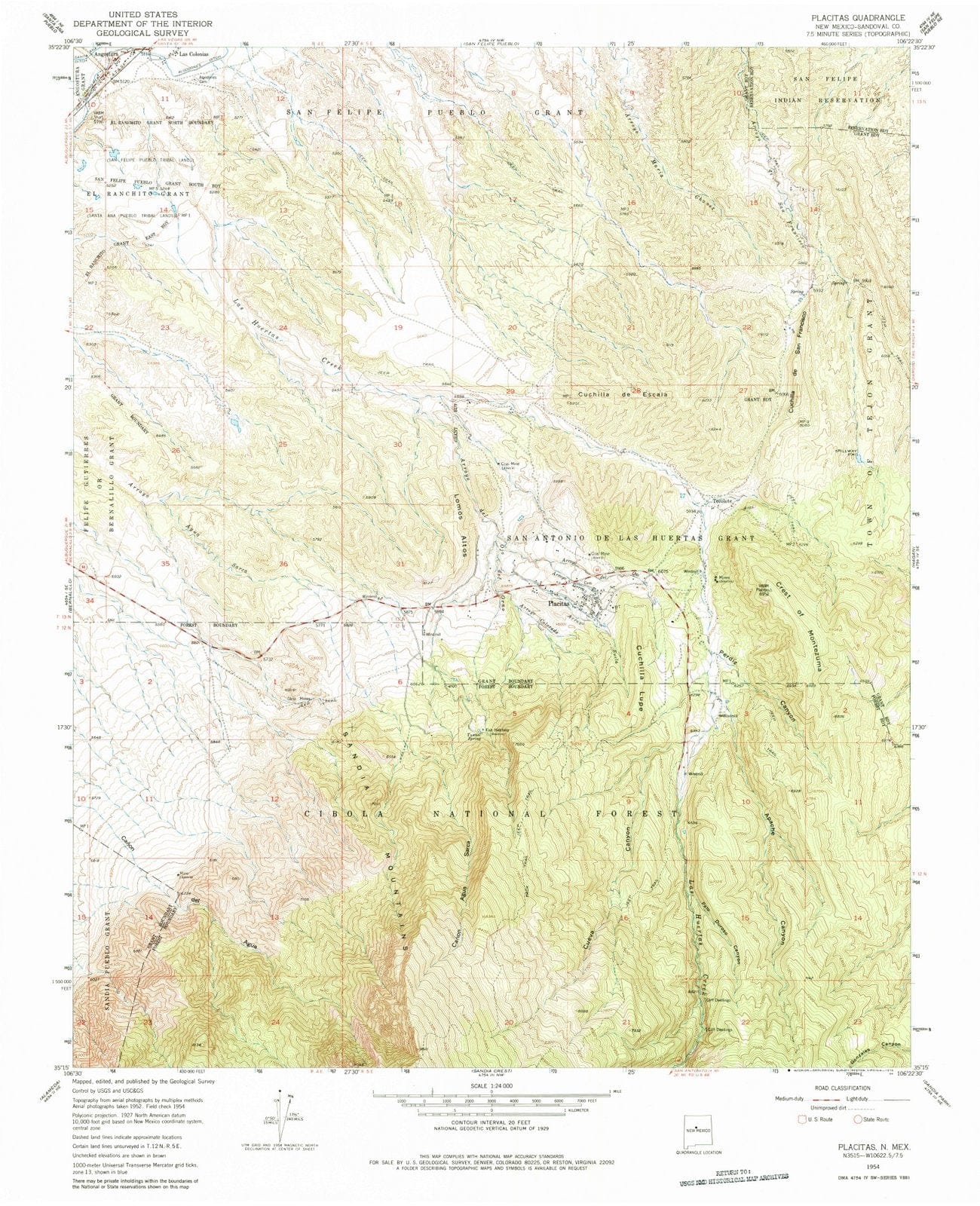 1954 Placitas, NM - New Mexico - USGS Topographic Map