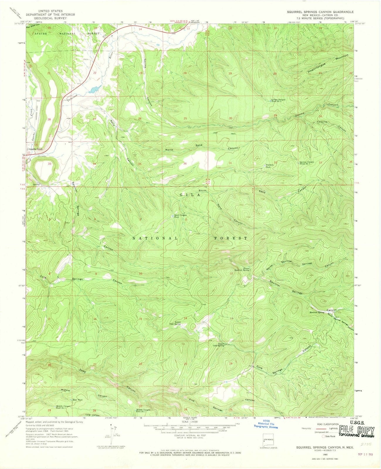 1965 Squirrel Springs Canyon, NM - New Mexico - USGS Topographic Map