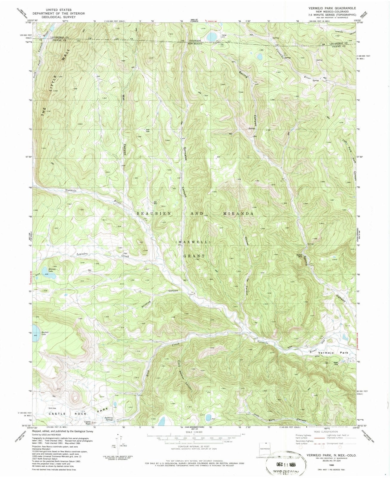 1986 Vermejo Park, NM - New Mexico - USGS Topographic Map