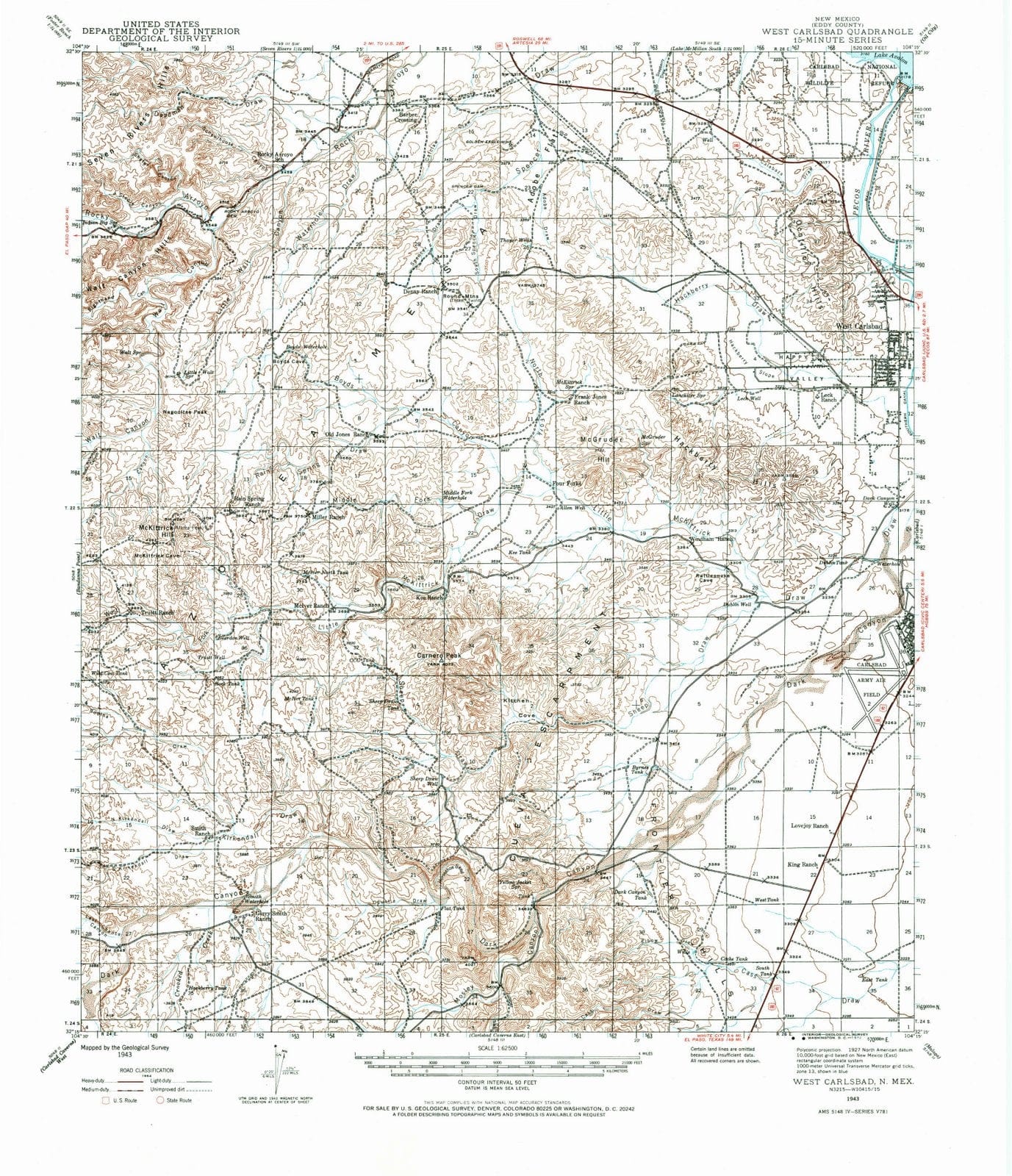 1943 West Carlsbad, NM - New Mexico - USGS Topographic Map