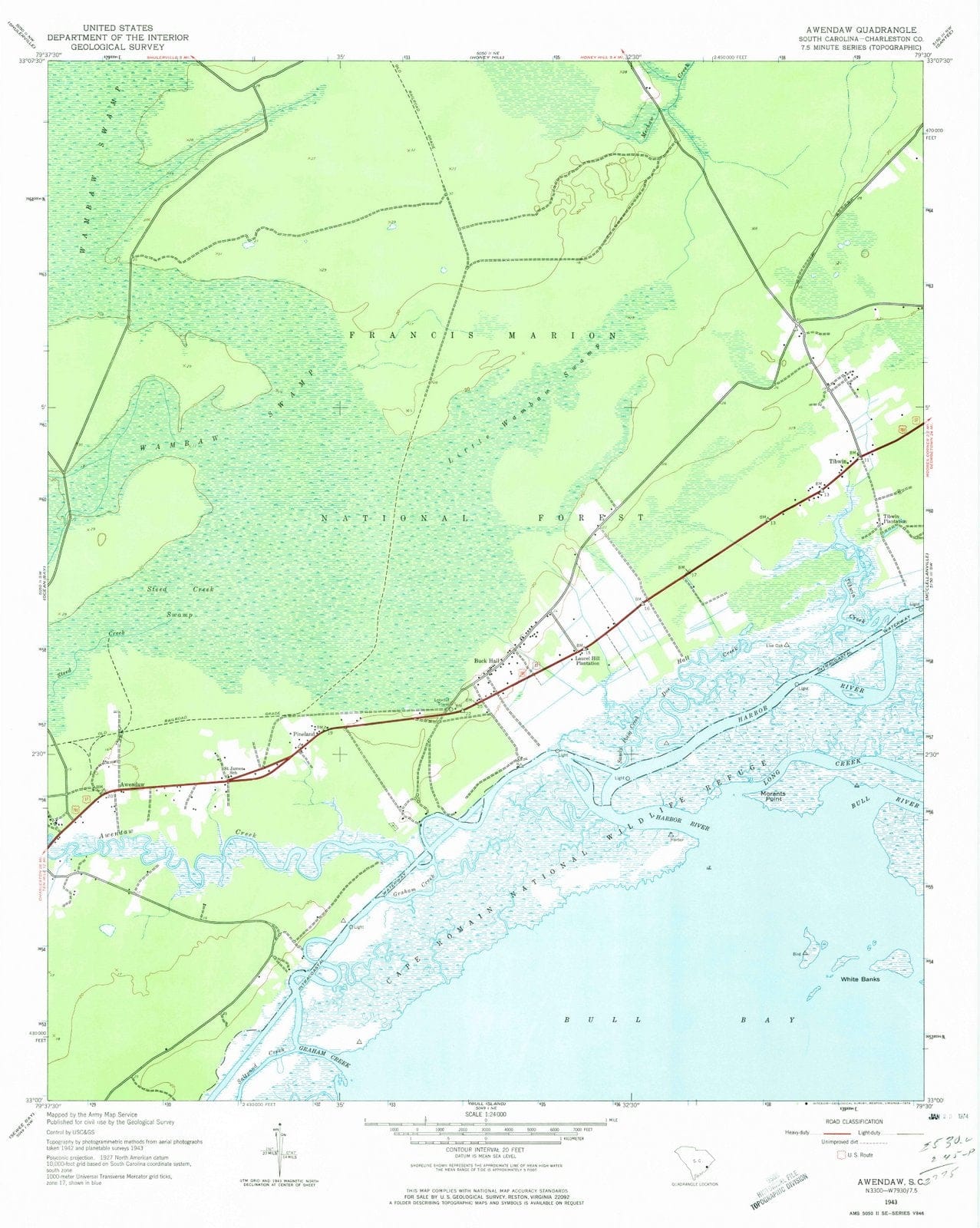 1943 Awendaw, SC - South Carolina - USGS Topographic Map