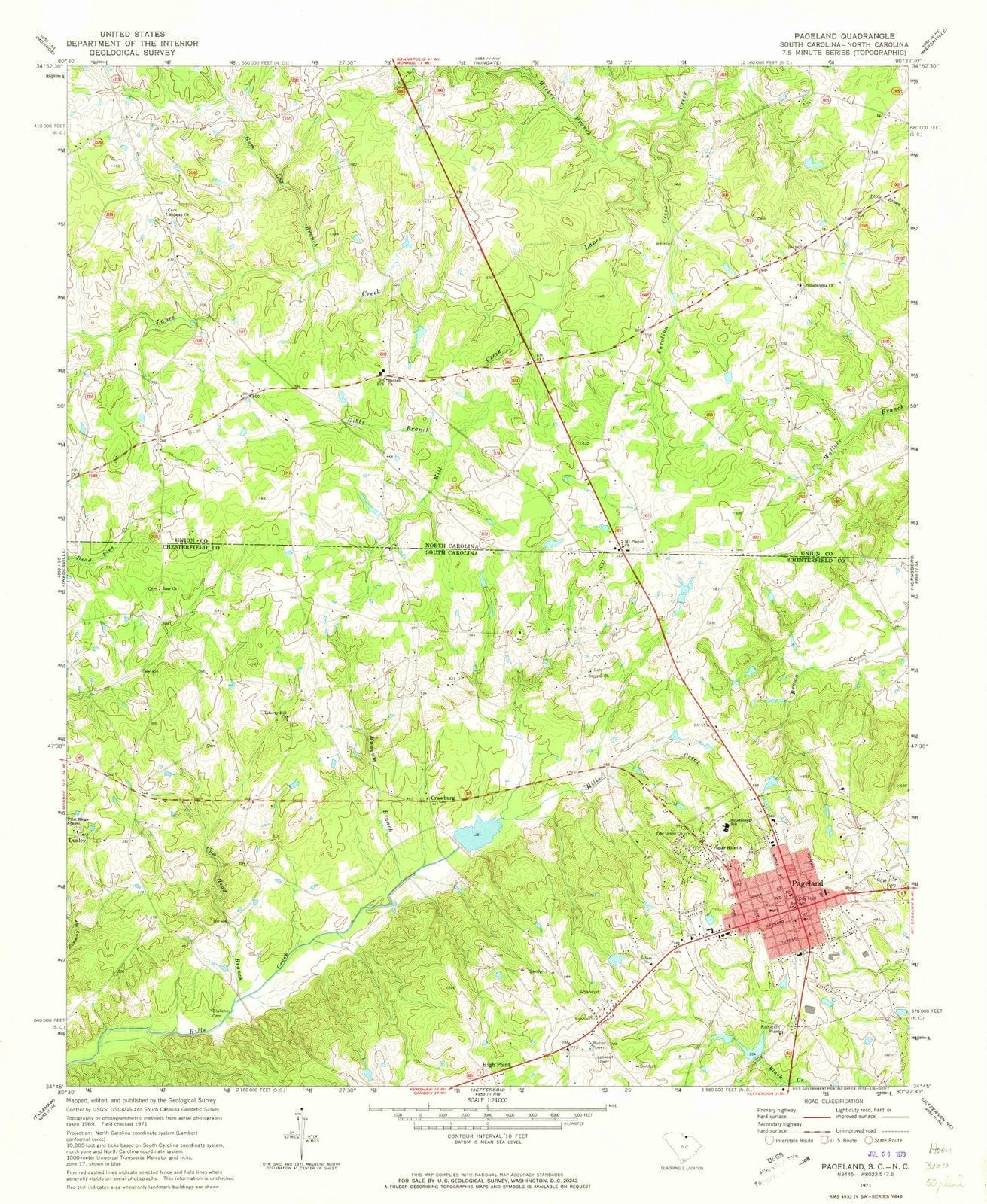 1971 Pageland, SC - South Carolina - USGS Topographic Map