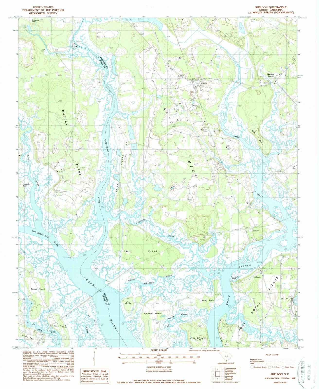 1988 Sheldon, SC - South Carolina - USGS Topographic Map
