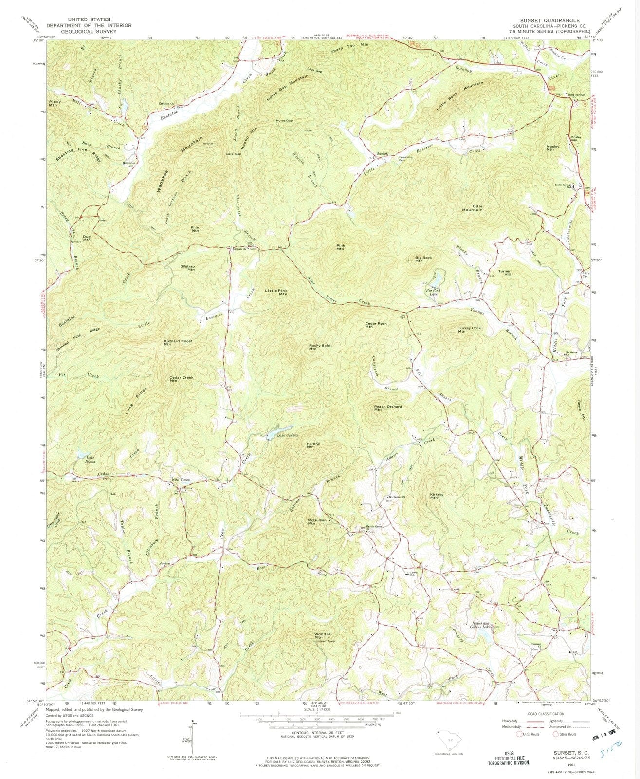 1961 Sunset, SC - South Carolina - USGS Topographic Map