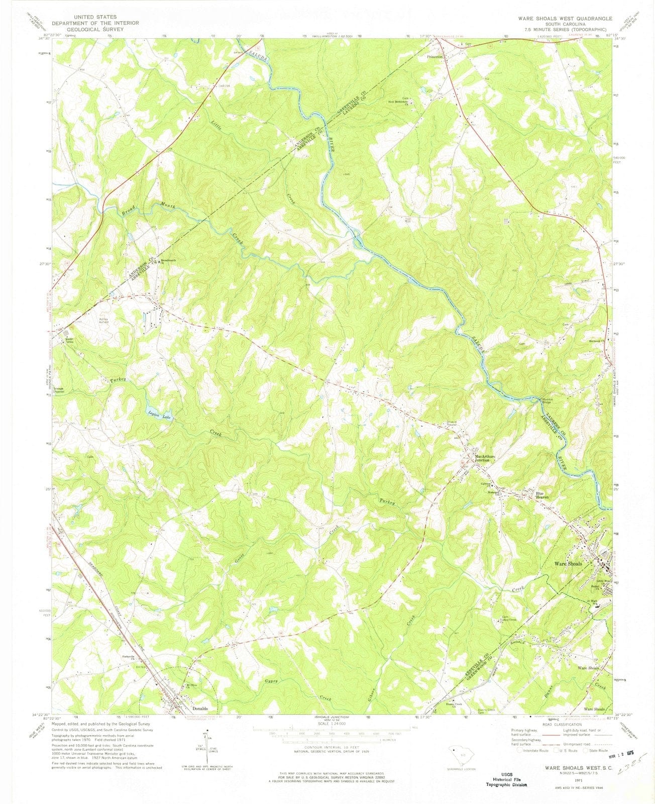1971 Ware Shoals West, SC - South Carolina - USGS Topographic Map
