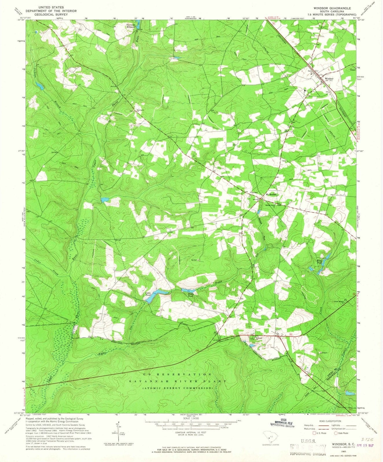 1965 Windsor, SC - South Carolina - USGS Topographic Map