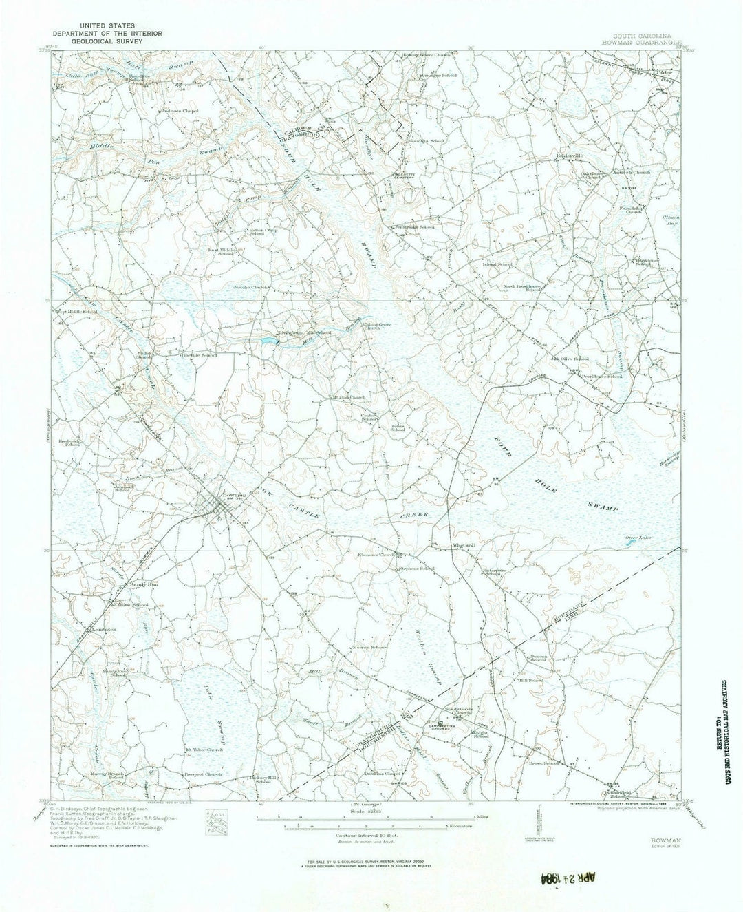 1921 Bowman, SC - South Carolina - USGS Topographic Map