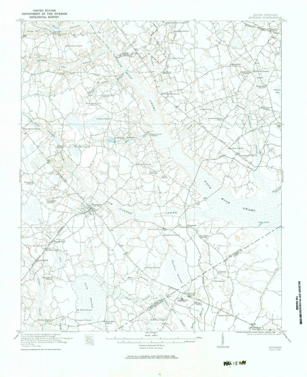 1921 Bowman, SC - South Carolina - USGS Topographic Map