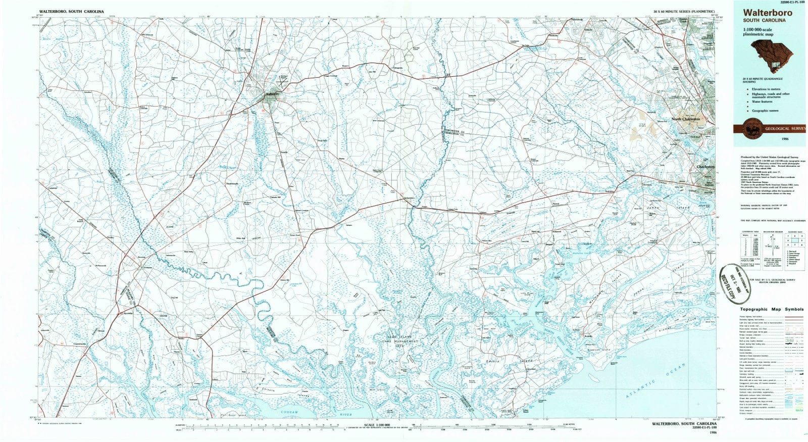 1986 Walterboro, SC - South Carolina - USGS Topographic Map