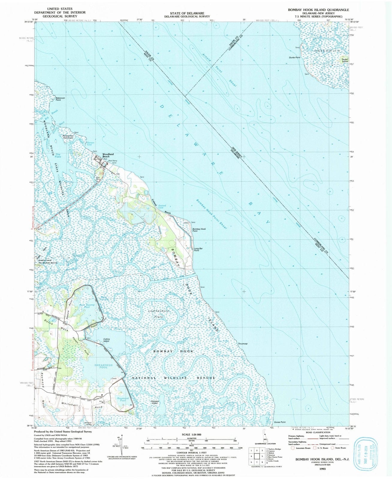 1993 Bombay Hook Island, DE - Delaware - USGS Topographic Map