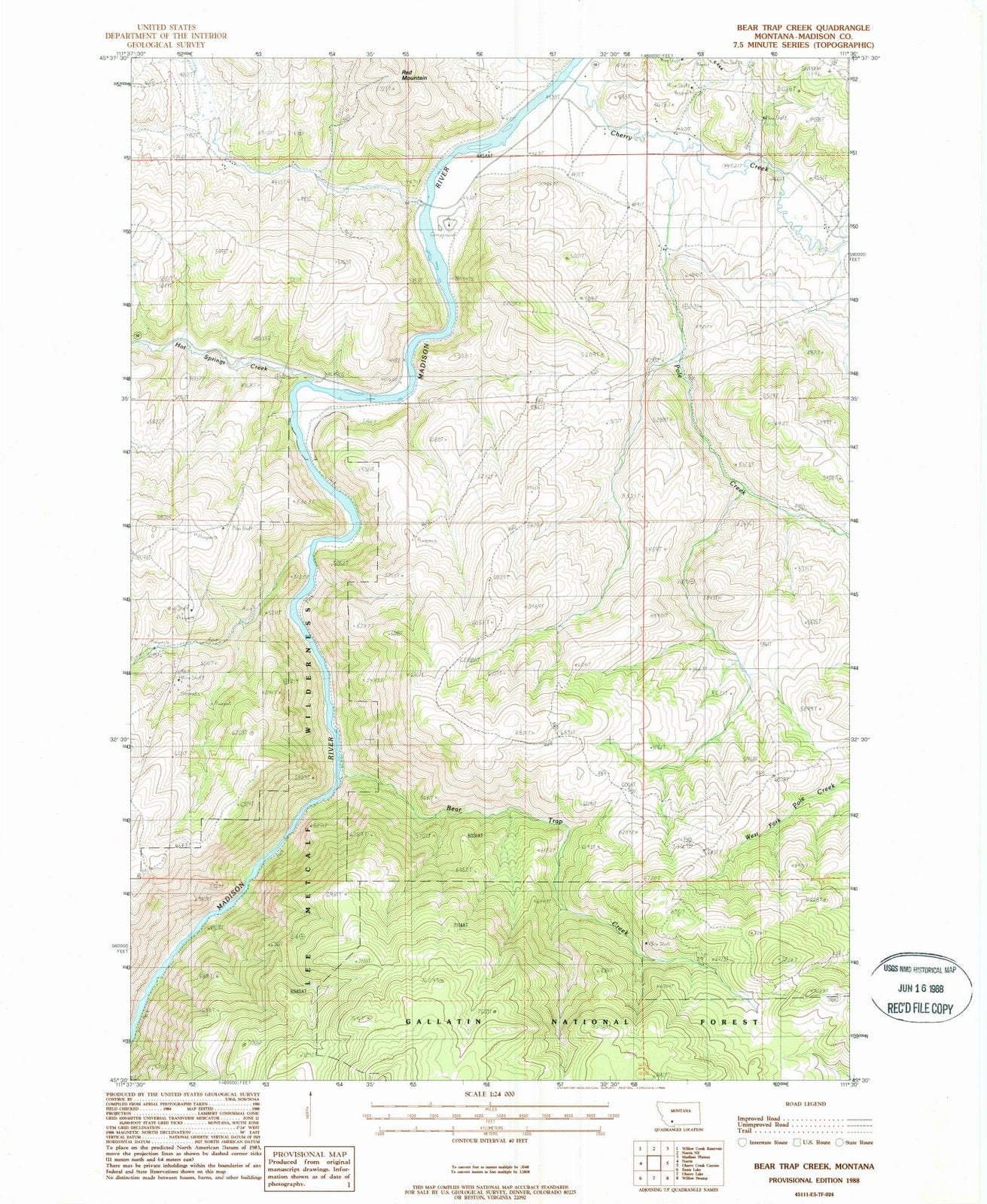 1988 Bear Trap Creek, MT - Montana - USGS Topographic Map