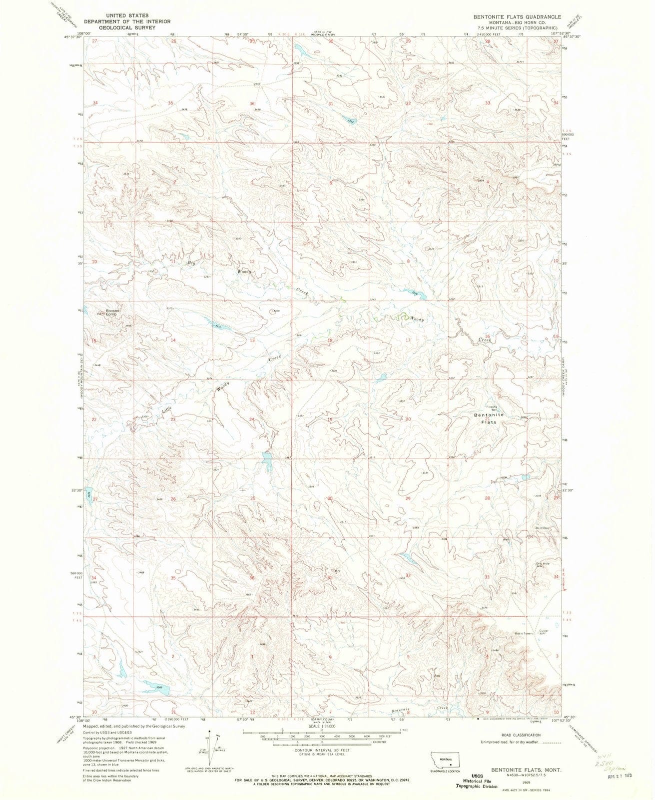 1969 Bentonite Flats, MT - Montana - USGS Topographic Map