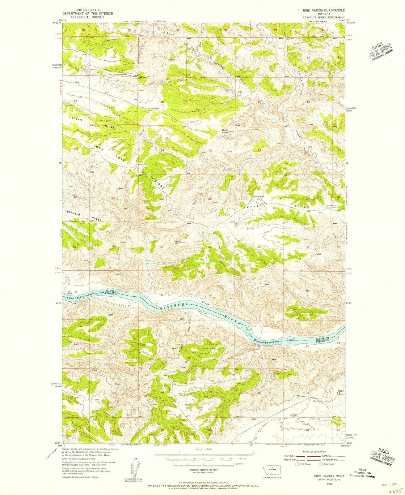 1954 Bird Rapids, MT - Montana - USGS Topographic Map