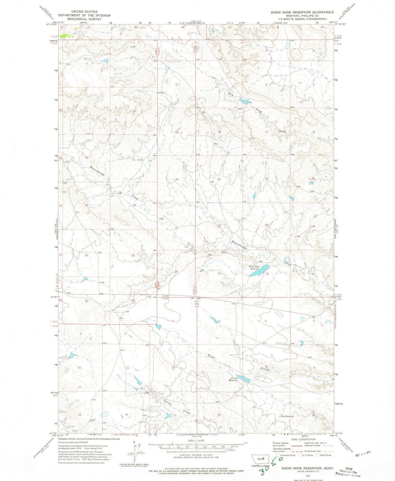 1971 Bison Bone Reservoir, MT - Montana - USGS Topographic Map
