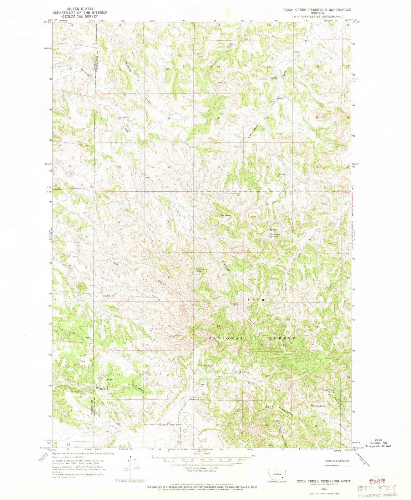 1966 Cook Creek Reservoir, MT - Montana - USGS Topographic Map
