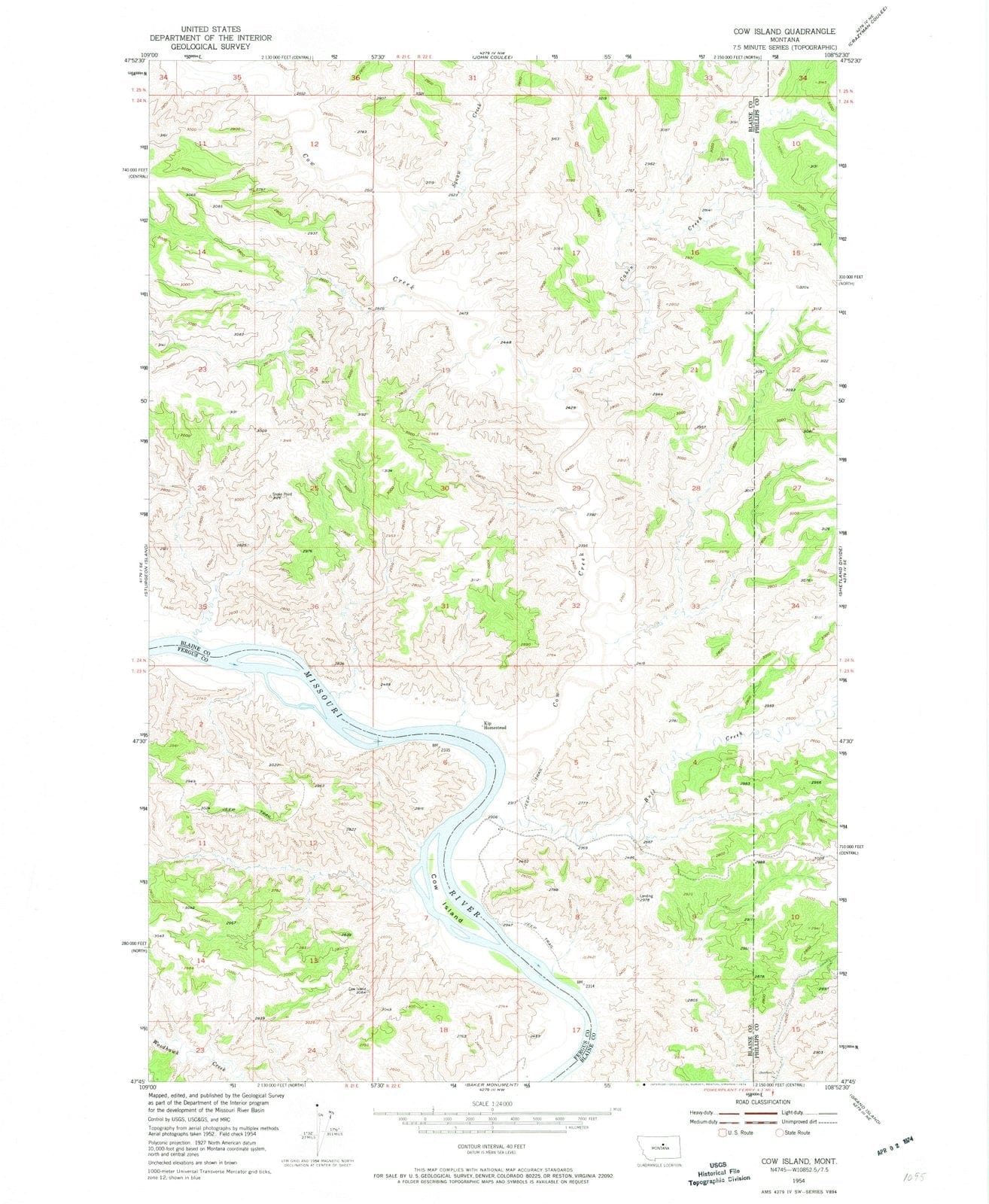 1954 Cow Island, MT - Montana - USGS Topographic Map